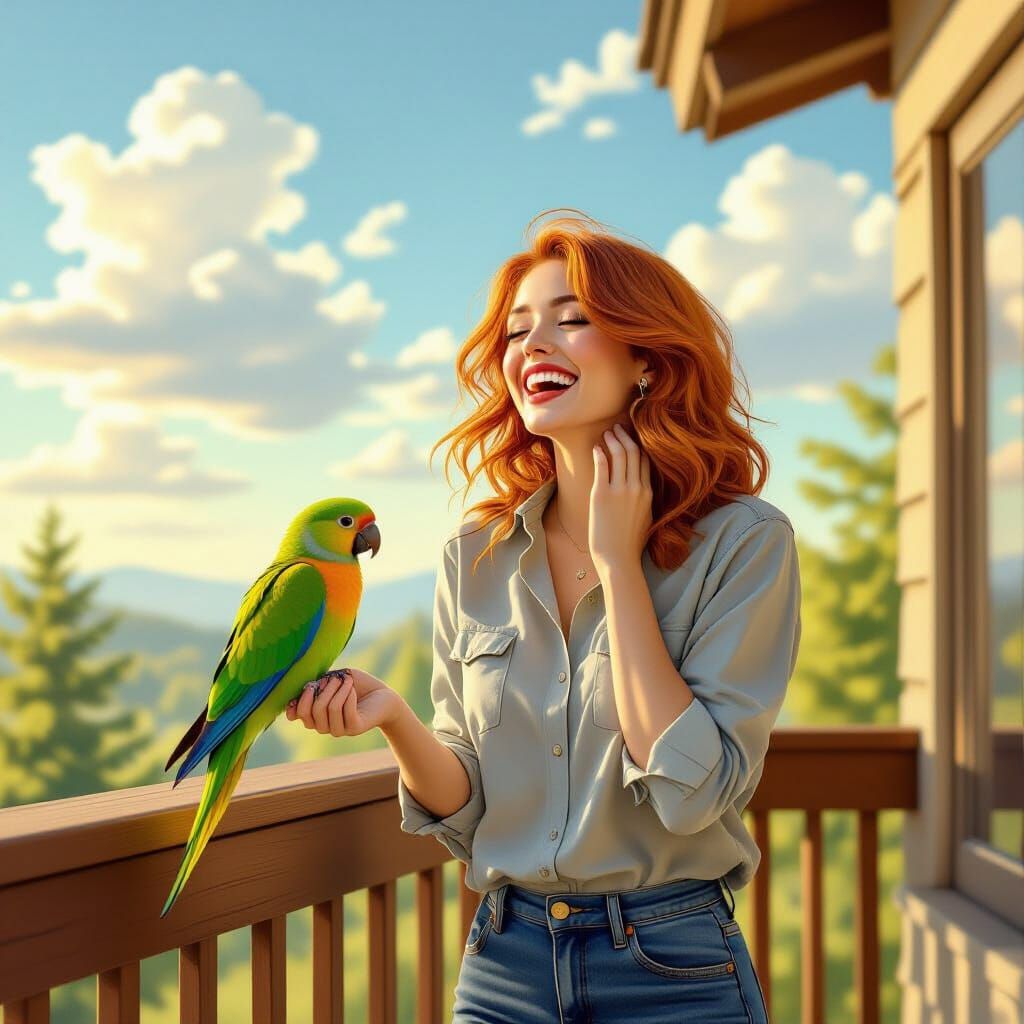 Woman Laughing With Parrot on Deck in Golden Hour Light