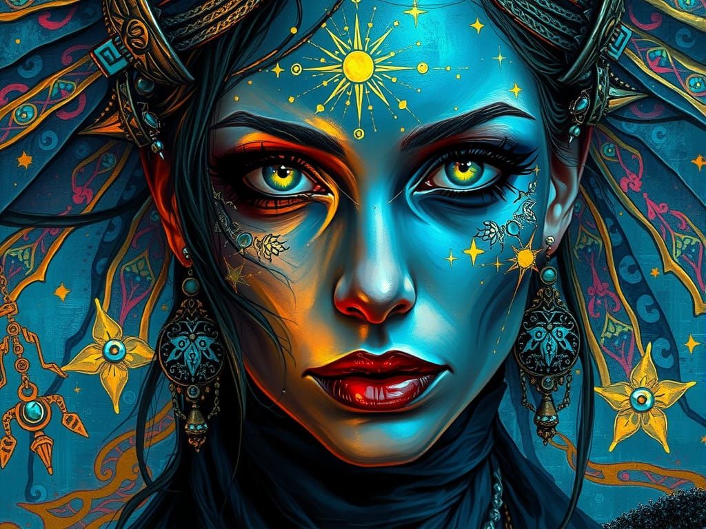 Cosmic Sorceress Portrait in Neo-Impressionist Style