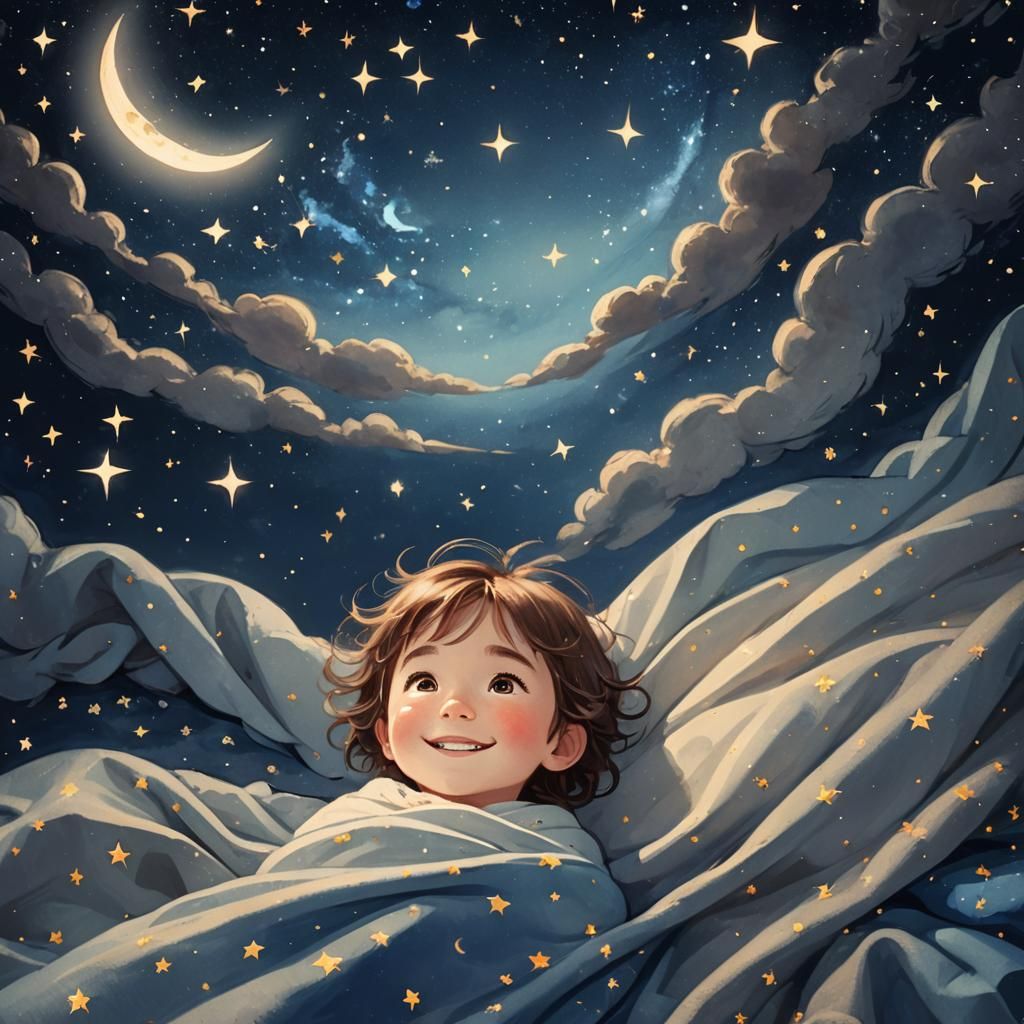 Child's Dreamy Gaze at Twinkling Stars in Digital Art