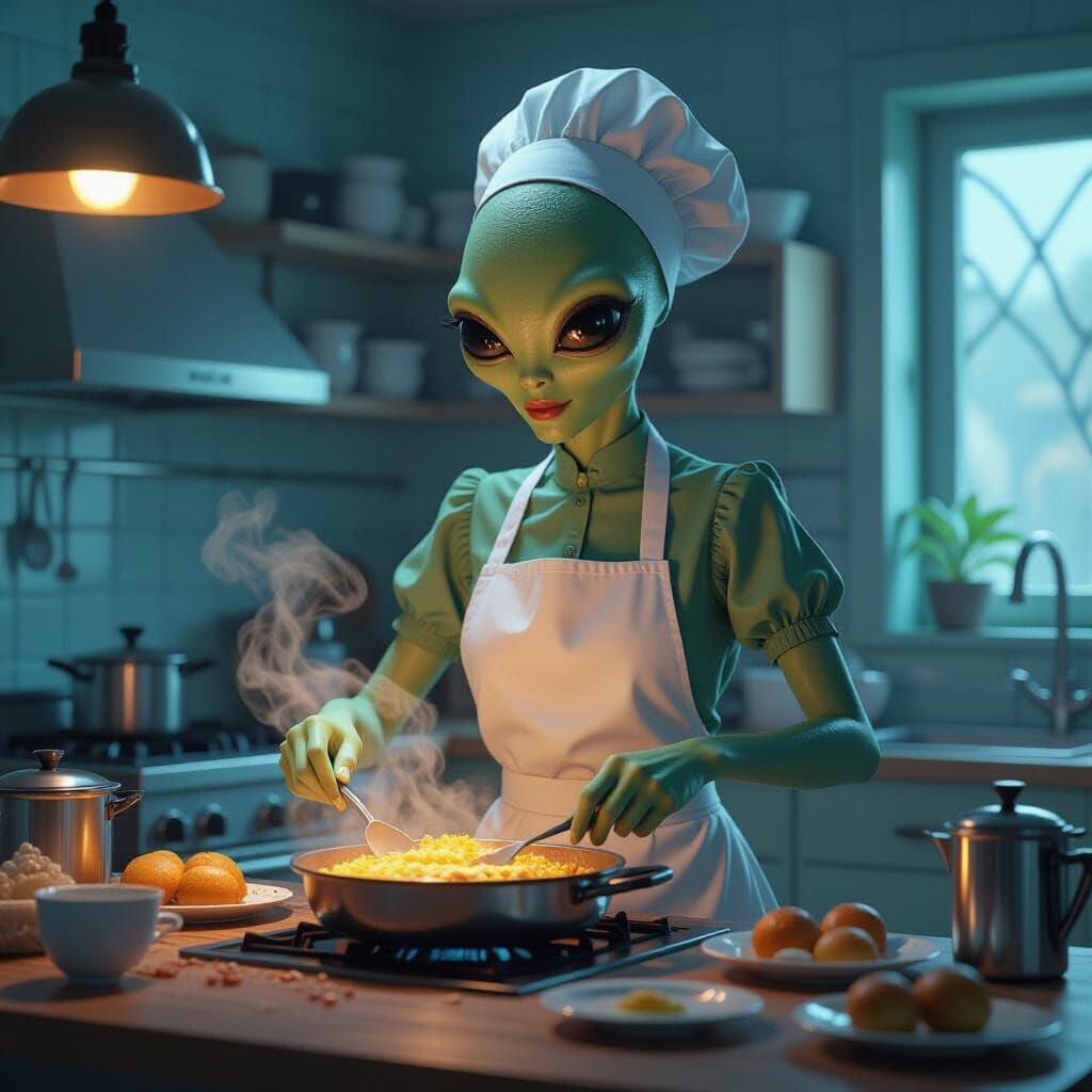 Alien Tradwife Cooks Surreal Meal in Non-Euclidean Kitchen