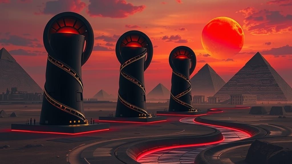 Futuristic Egyptian Monoliths Under Red Moon