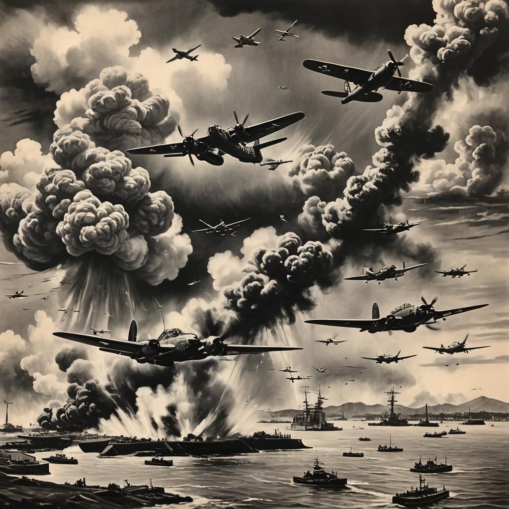 Pearl Harbor Attack: Hyperdetailed Charcoal Drawing