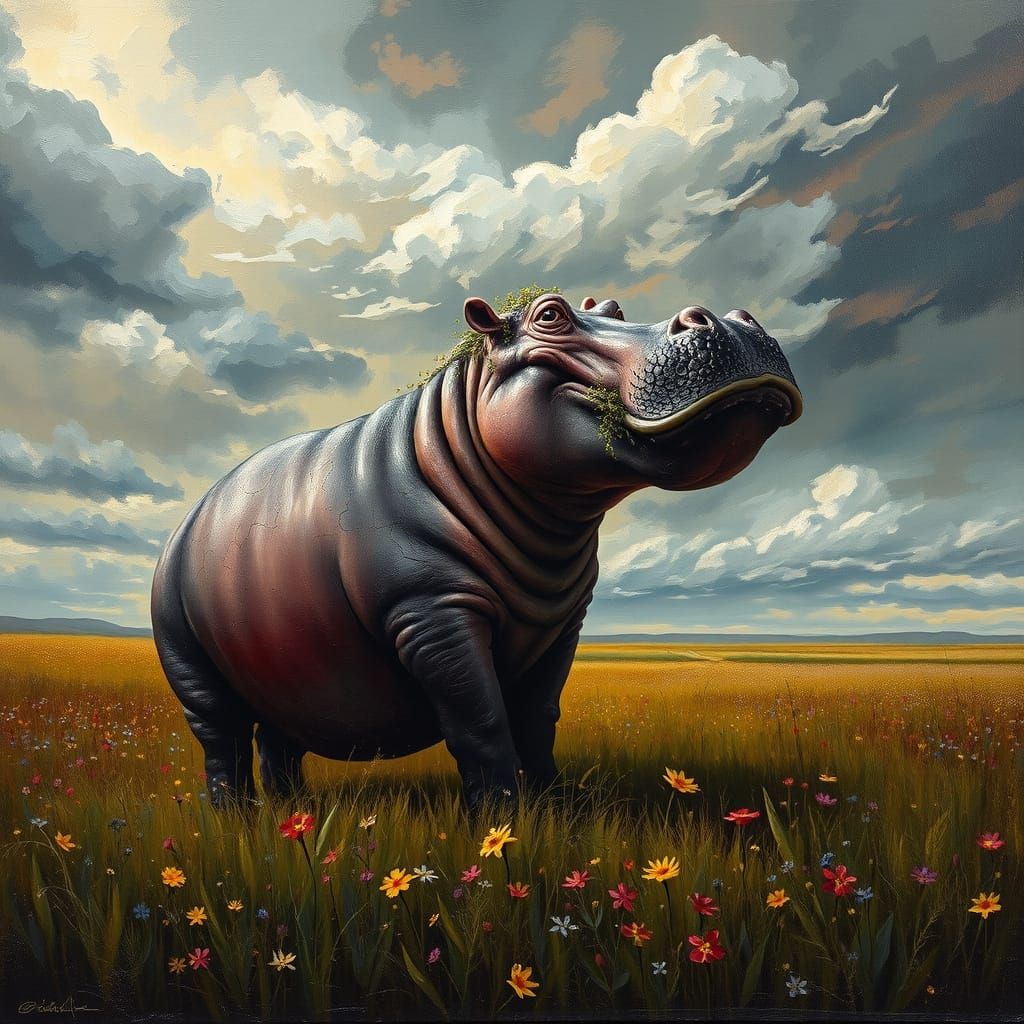 Hippopotamus Amidst Wildflowers Under Dramatic Sky