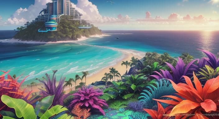 Sci-Fi Tropical Fortress with Bioluminescent Elements