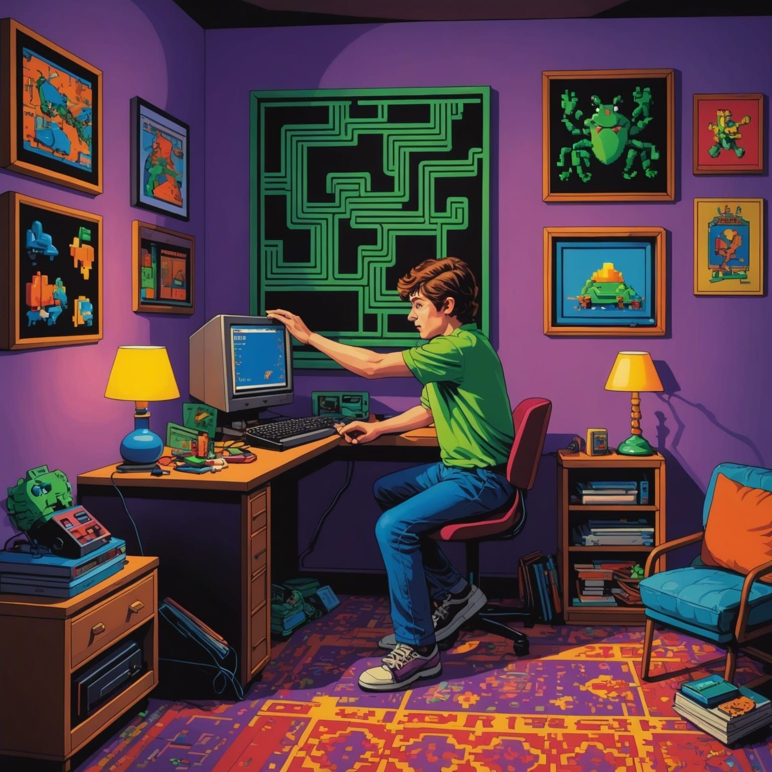 8-Bit Pixel Art: 1980s Kid Playing Frogger