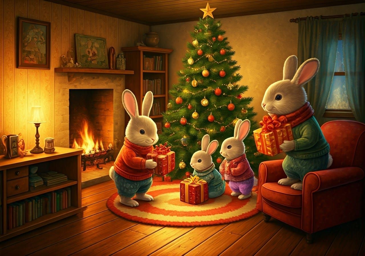Rabbit Family Exchanges Gifts in a Cozy Christmas Scene
