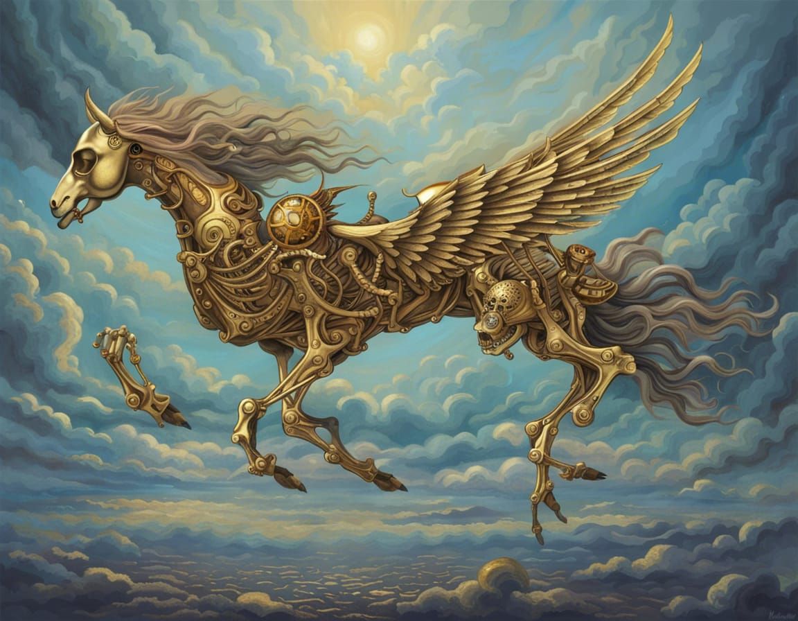 Golden Steampunk Pegasus Skeleton Flying in Heaven