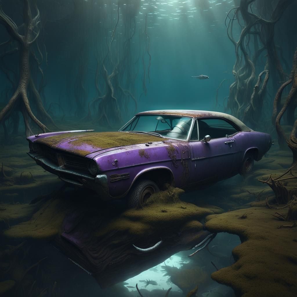 Rusty Car Submerged in Murky Swamp: Dark Fantasy Art