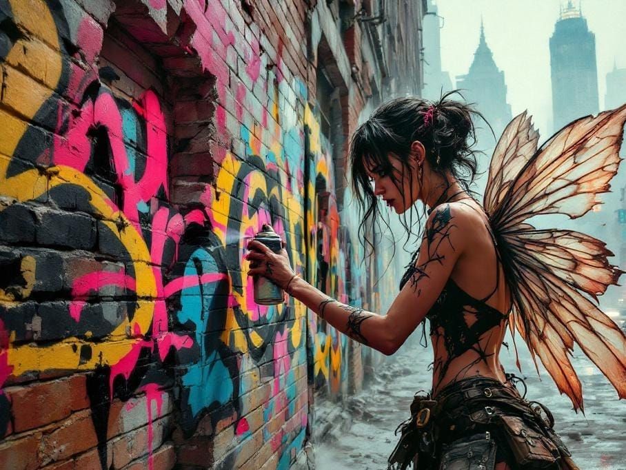Grunge Fairy Graffiti Art in Dystopian Cityscape