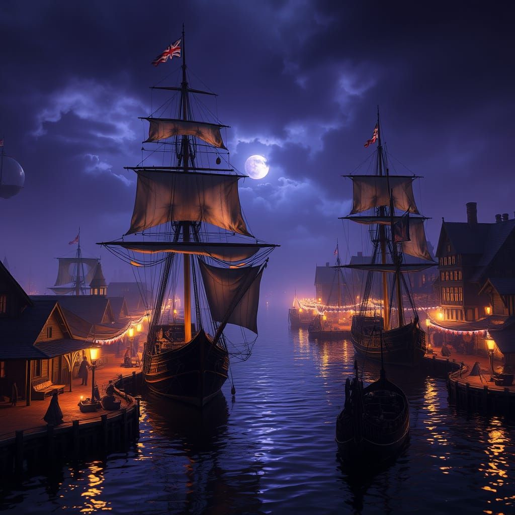 1800s Harbor Scene with Sailing Ships