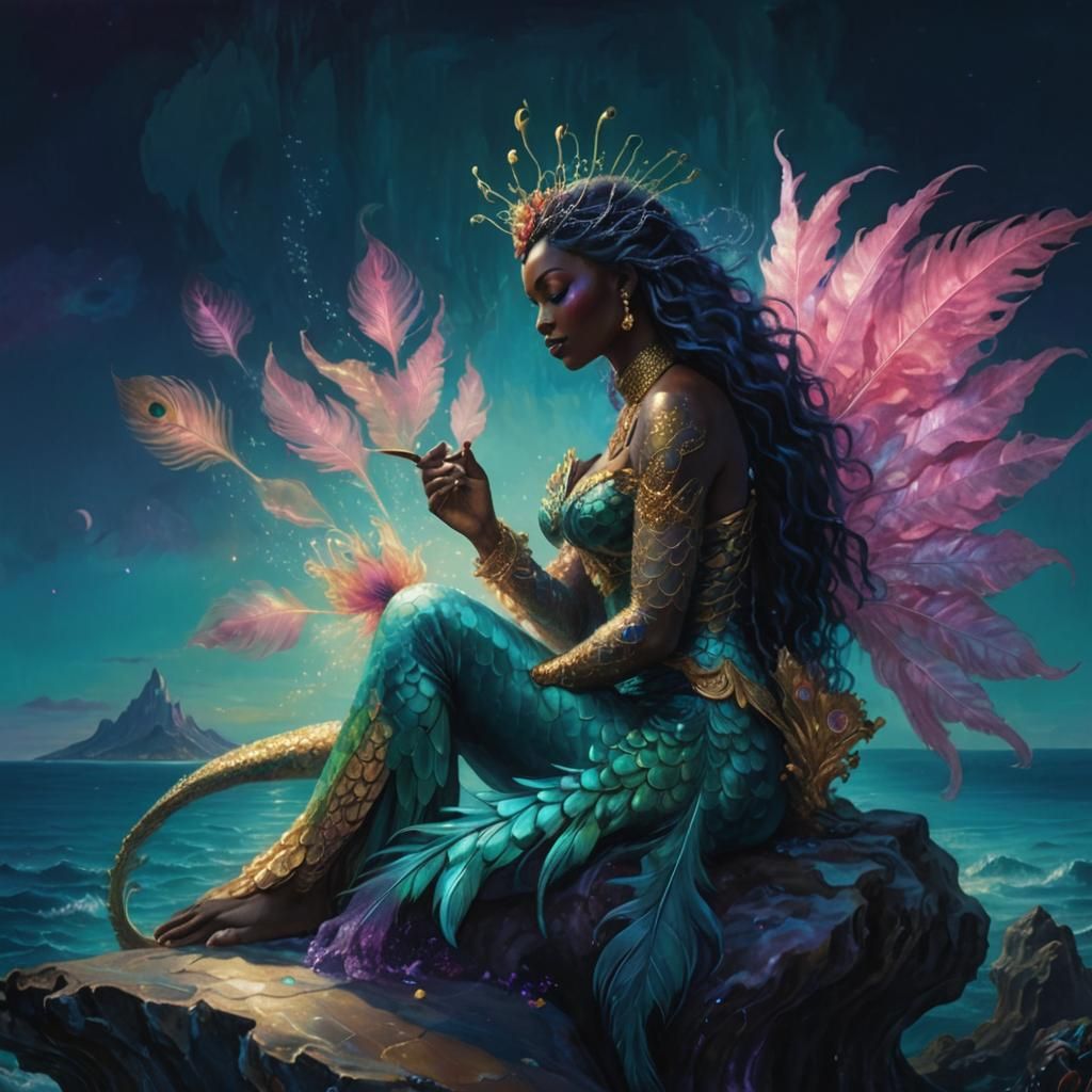Dark Mermaid with Peacock Tail on Oceanic Throne