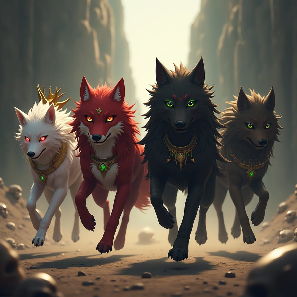 Anime Wolves Charge Through a Skull Desert