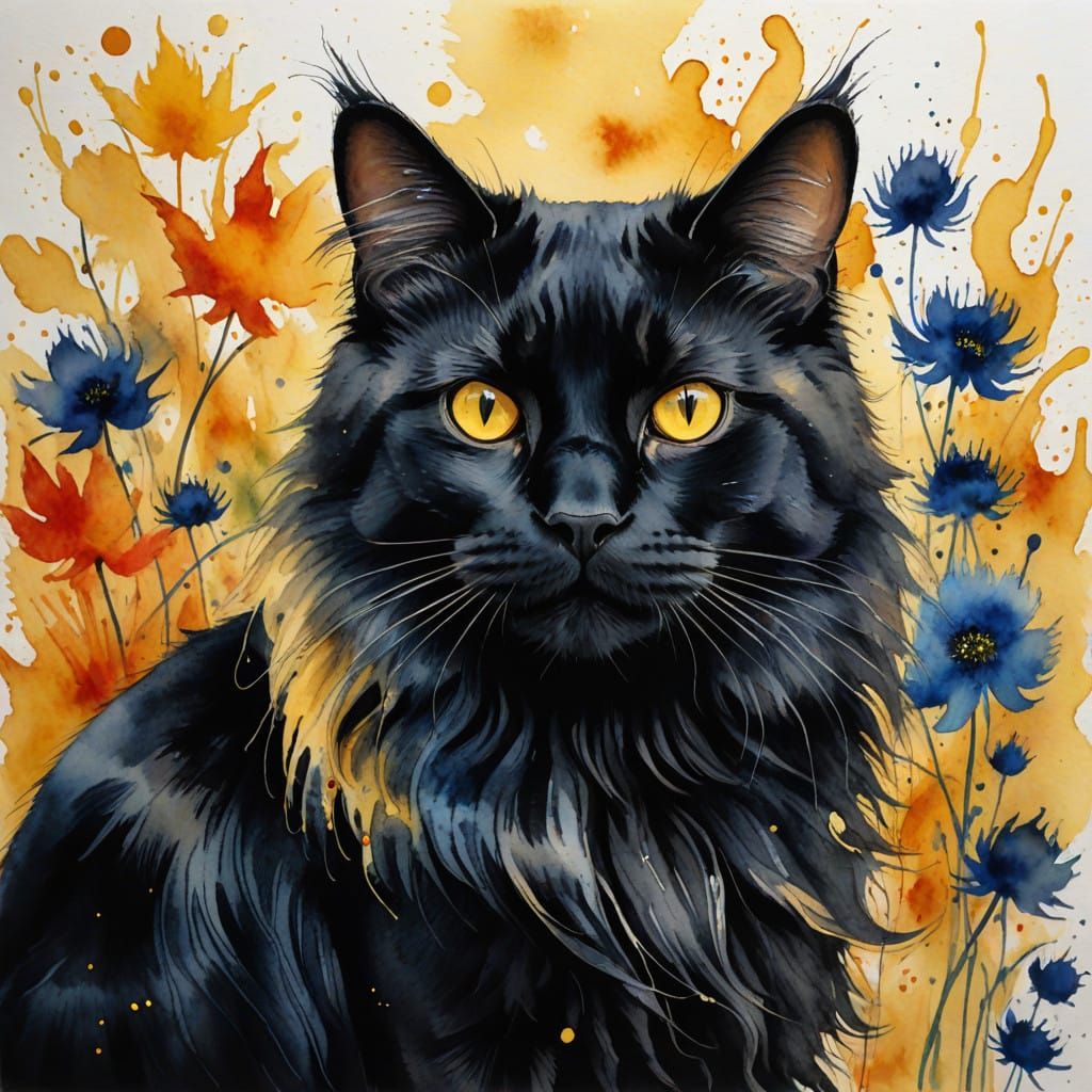 Vibrant Long Haired Black Cat as Oil Painting