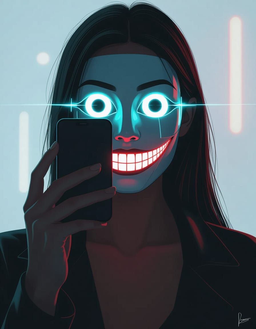 Dystopian Woman With Holographic Mask on Smartphone