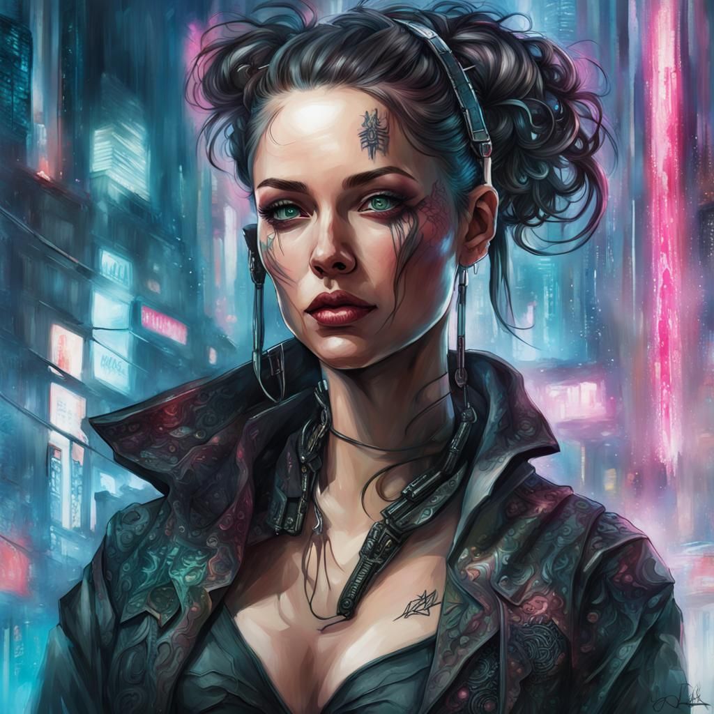 Cyberpunk Woman Portrait in Acrylic and Watercolor