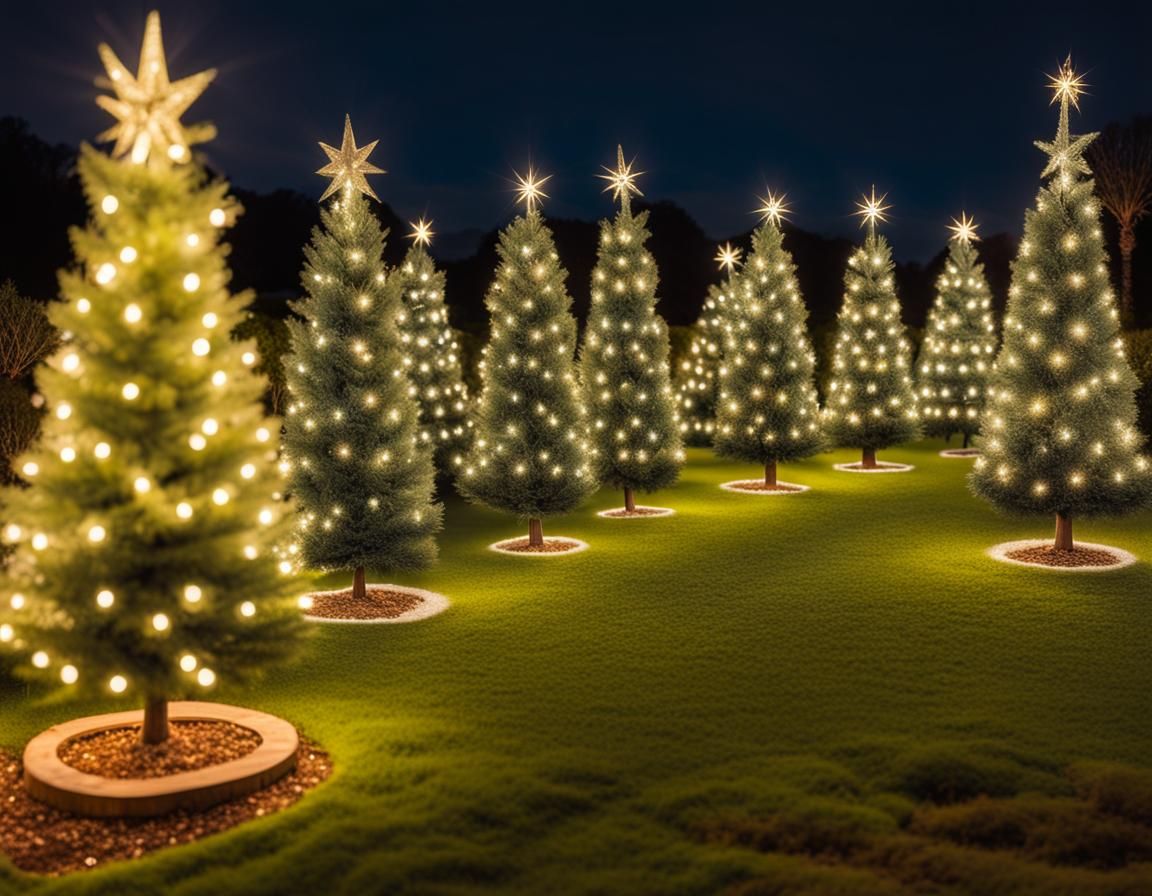 Festive Baby Christmas Trees Aglow in Garden