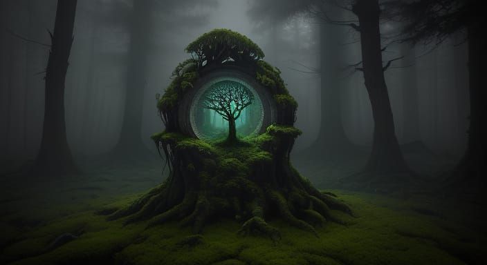 Mysterious Glowing Stone in Eerie Forest