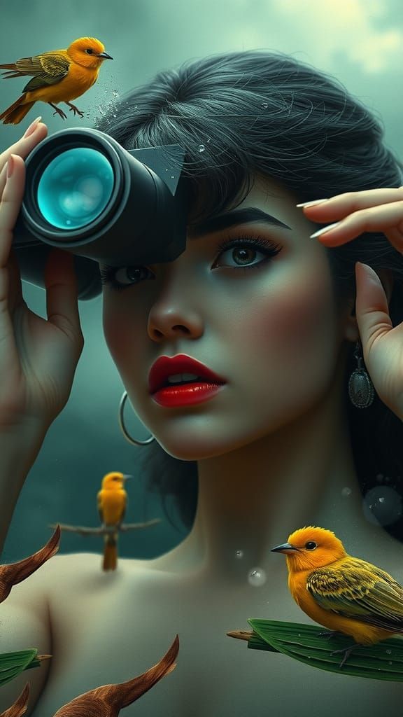 Dramatic Birdwatcher in Rainforest: Mixed Media Collage