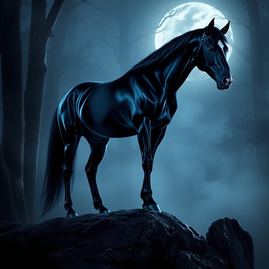 Mysterious Midnight Forest Scene with Regal Friesian Horse