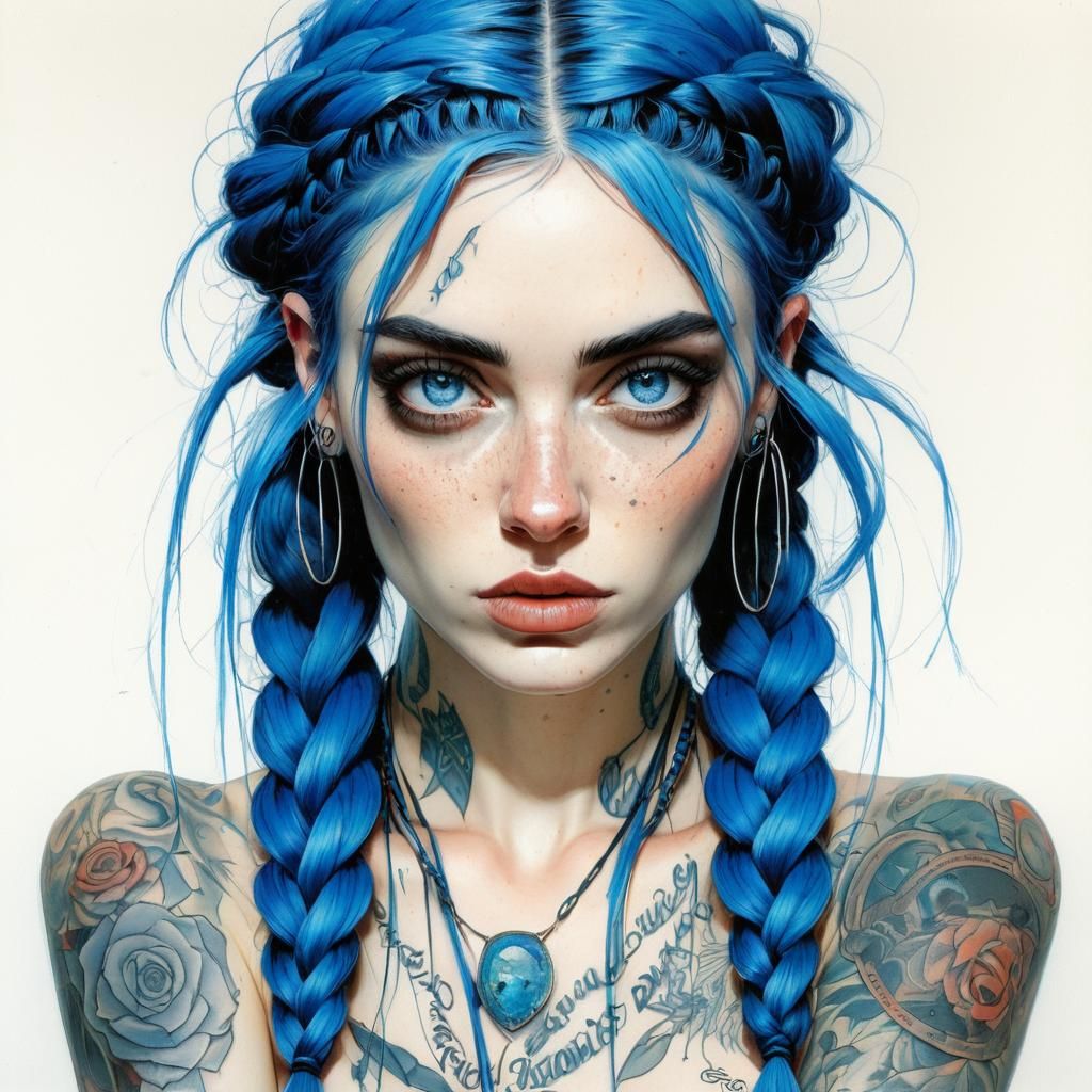 Blue-Haired Girl with Tattoos in Steadman Style
