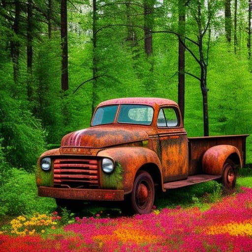 Antique Truck Overgrown with Wildflowers
