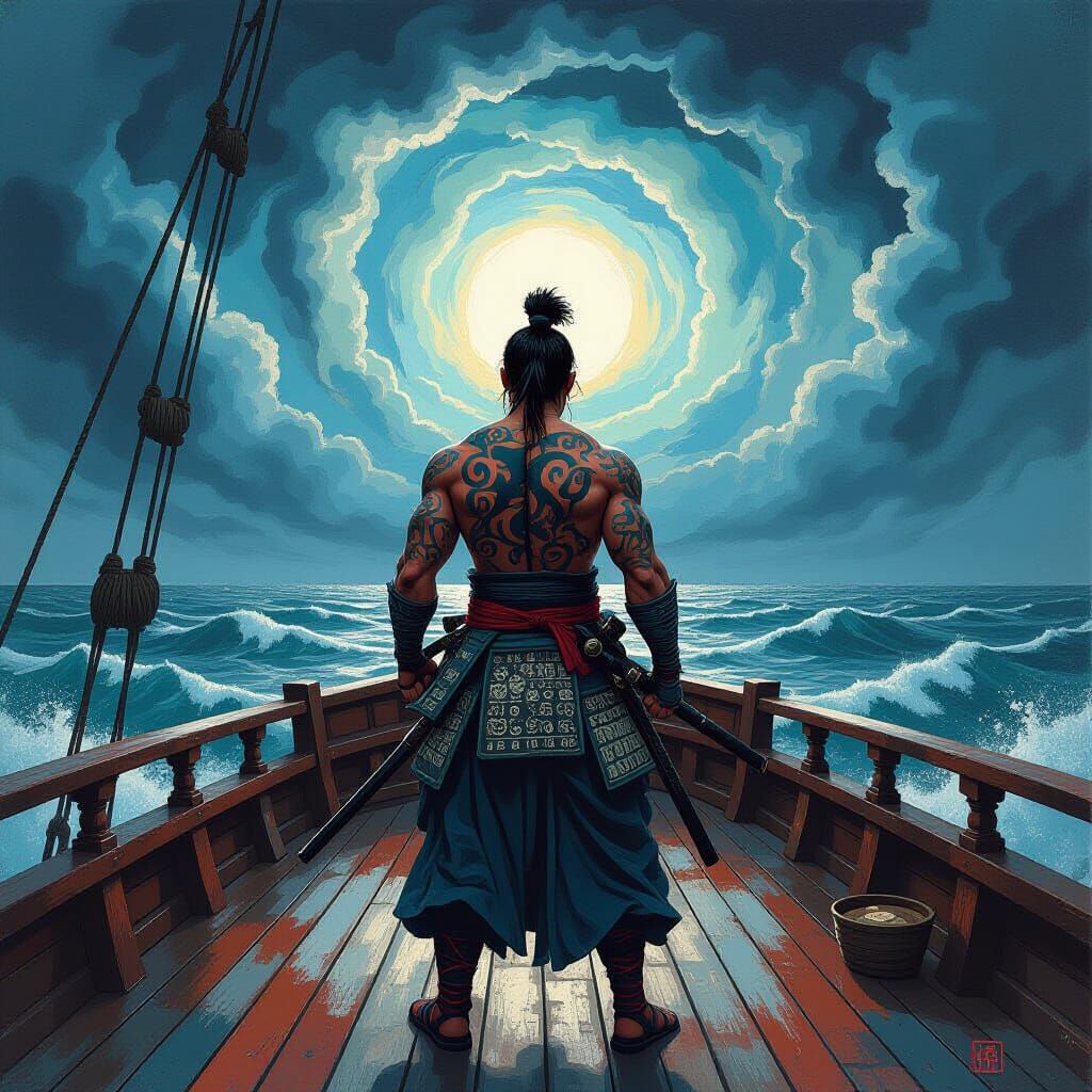 Warrior with Writhing Tattoos on Stormy Ship Deck
