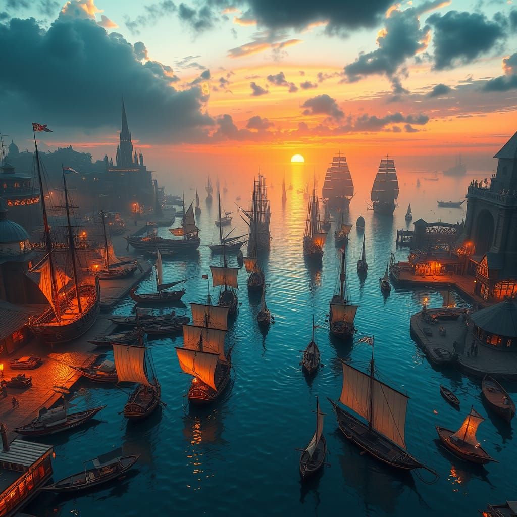 Fantasy Harbour at Sunset, with Vibrant Sailboats and Lanter...