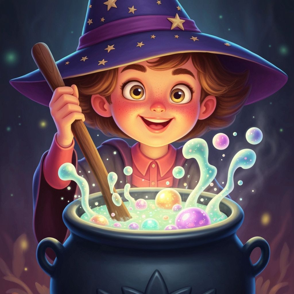 Young Witch Stirring Cauldron in Storybook Style