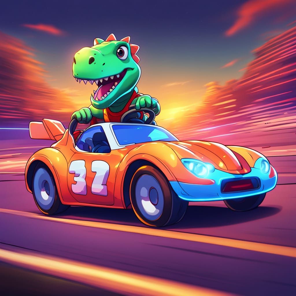 Dinosaur Speed Racer on the Road in Digital Art