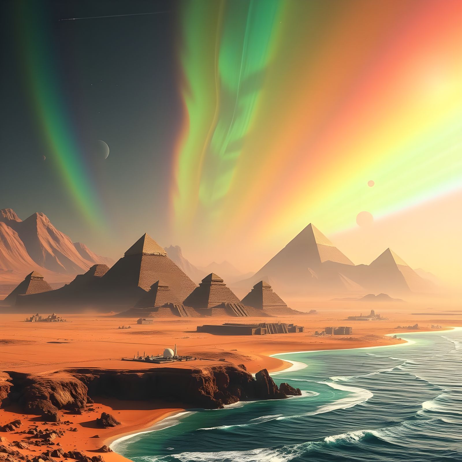 Futuristic Desert Ocean World with Nebula and Pyramids