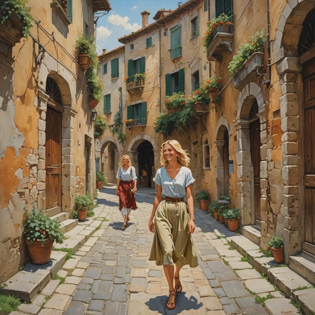 Italian Alleyway Scene in Oil Painting Style