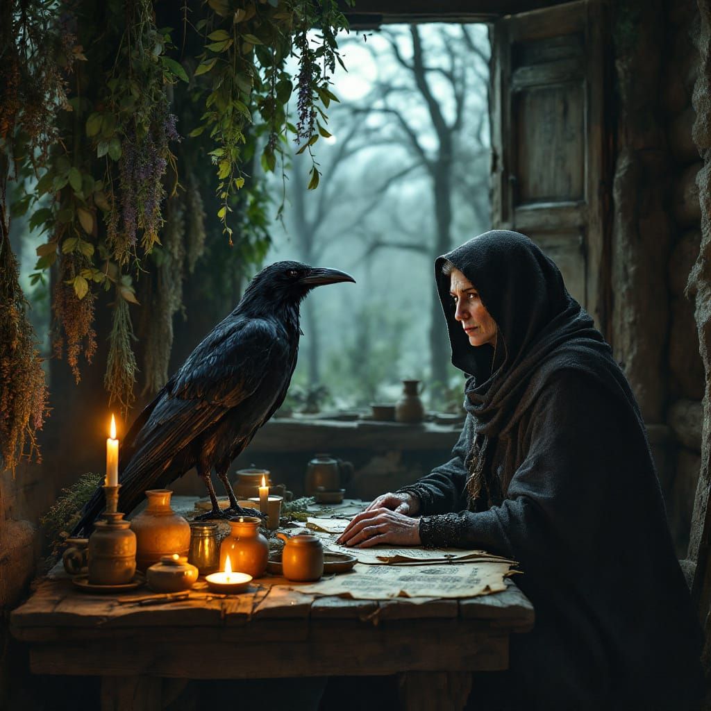 Medieval Witch and Raven in Dim Forest Hut