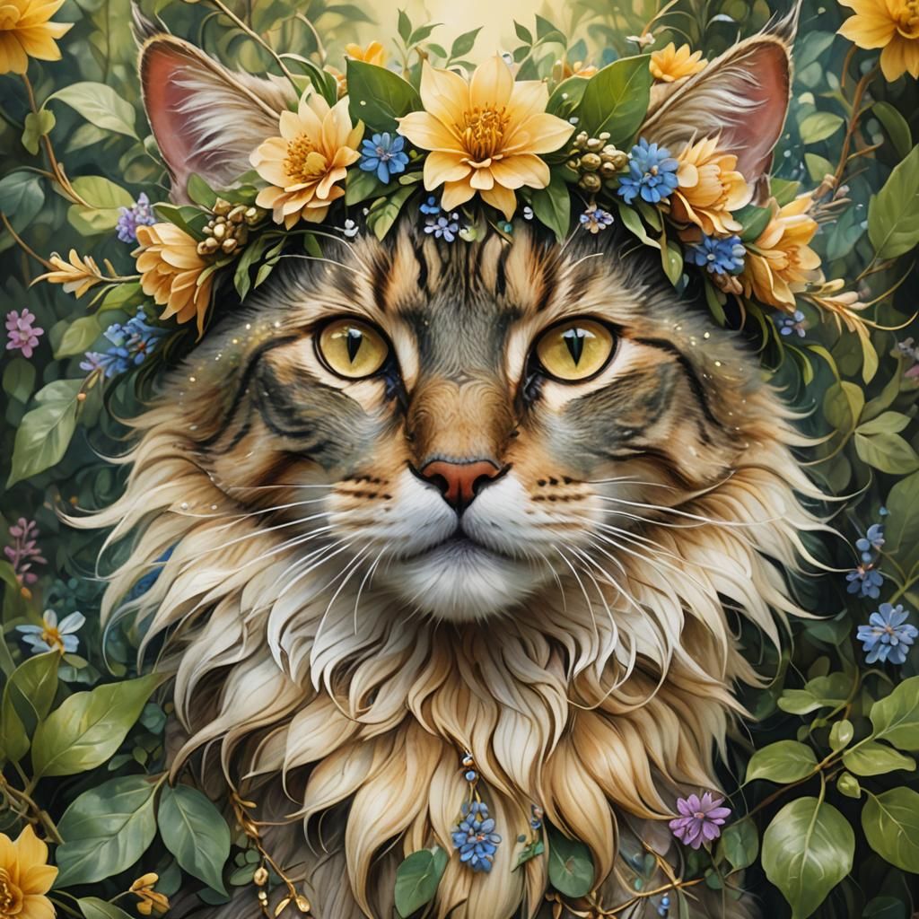 Cat in Flower Crown: Fantasy Art, Oil Painting