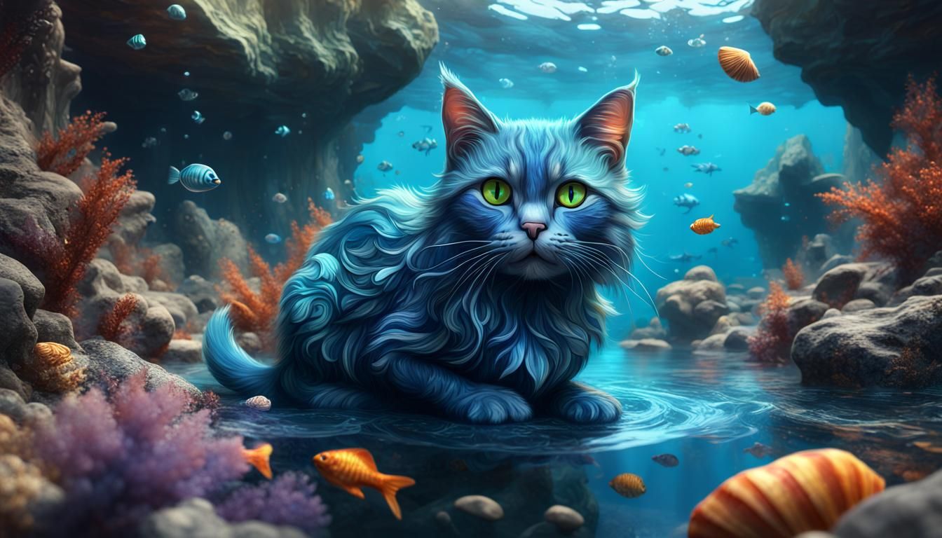Blue Cat Swimming Underwater in Detailed Matte Painting