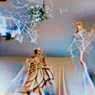 Surreal Wedding Dance with Skeleton in Dark Forest