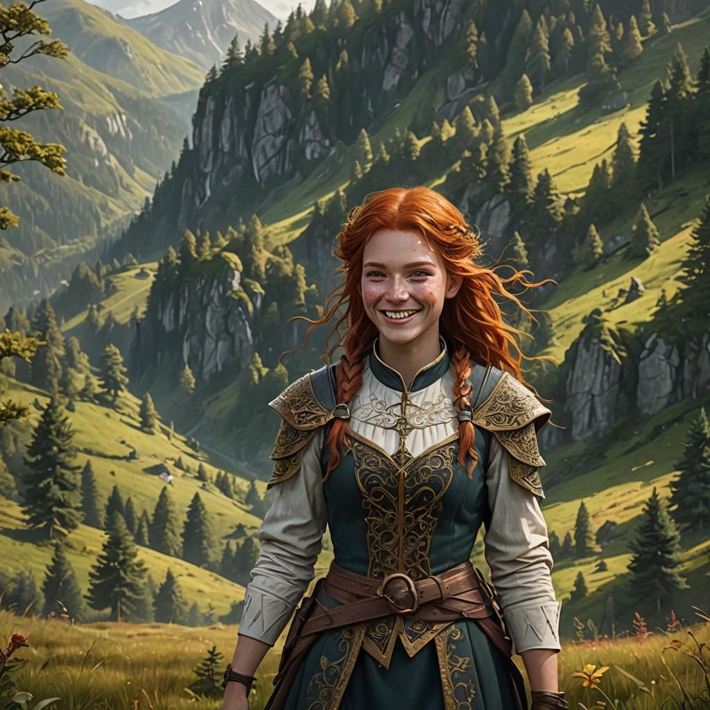 Freckled Redhead Smiling in a Sunny Field: Detailed Matte Pa...