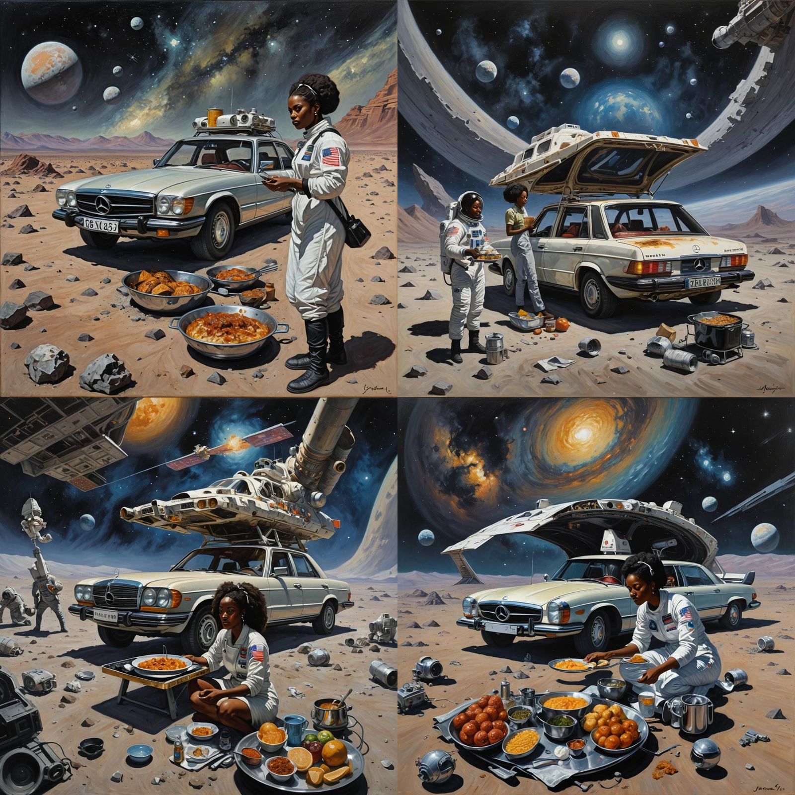 Mercedes in Space with Girl, Oil Painting