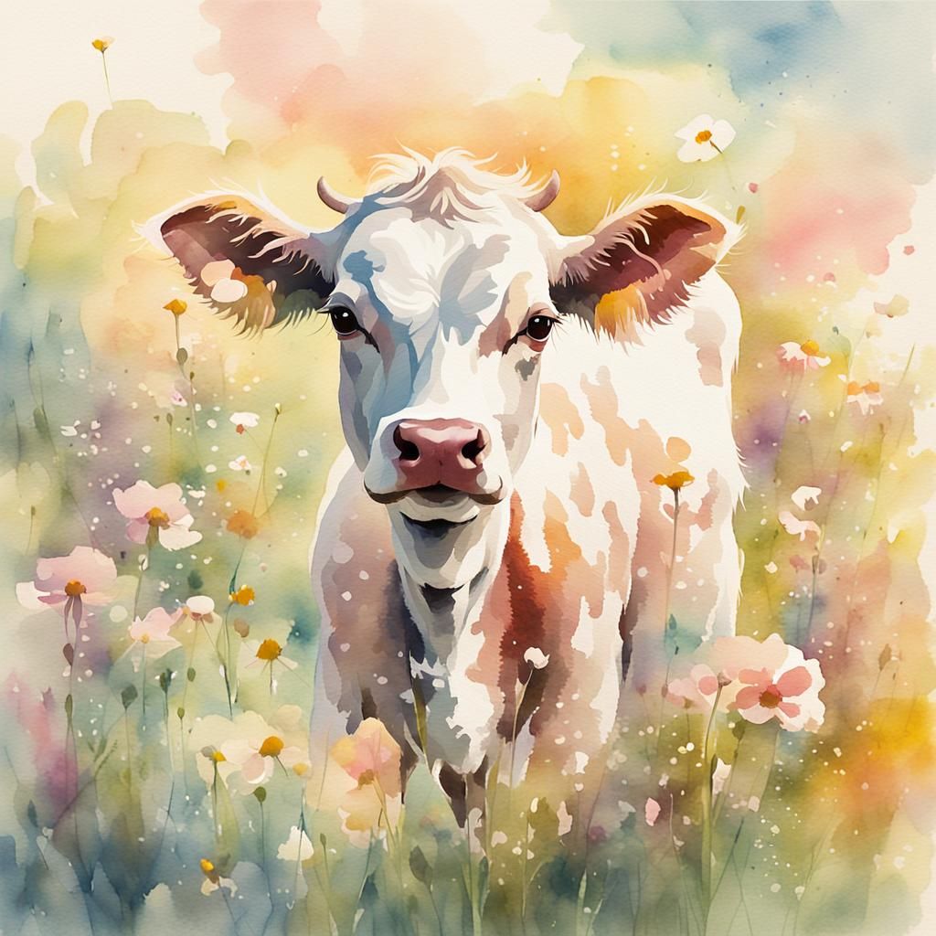 Surreal Watercolour of a Calf in a Whimsical Flower Meadow