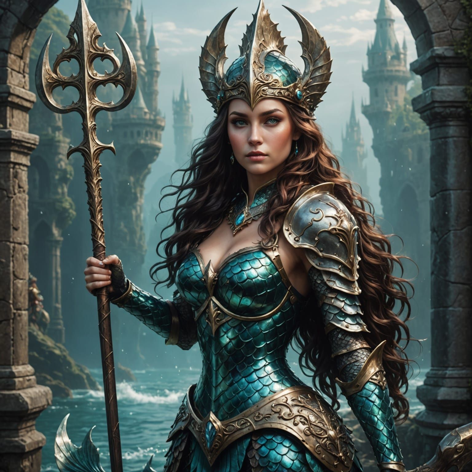 Armored Mermaid Warrior with Trident, Photorealistic