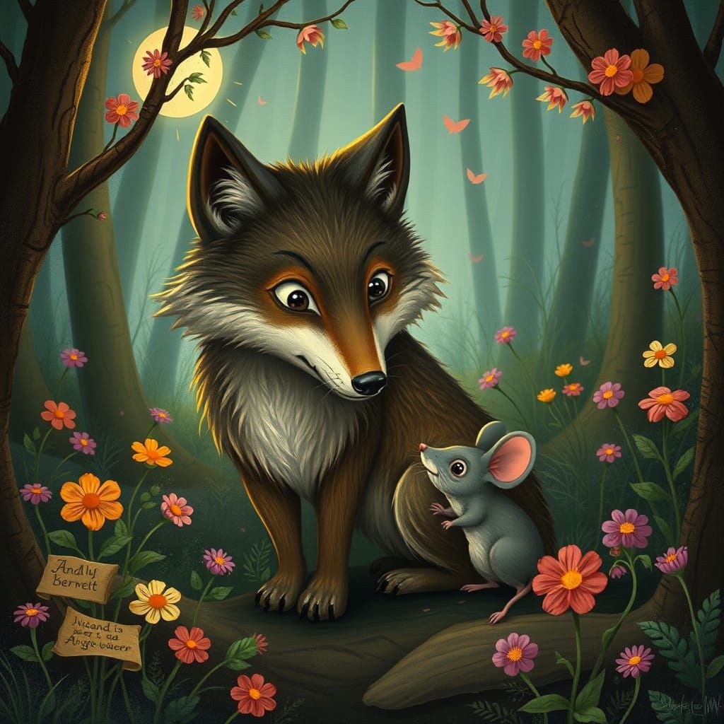 Whimsical Forest Scene of a Wolf and Mouse