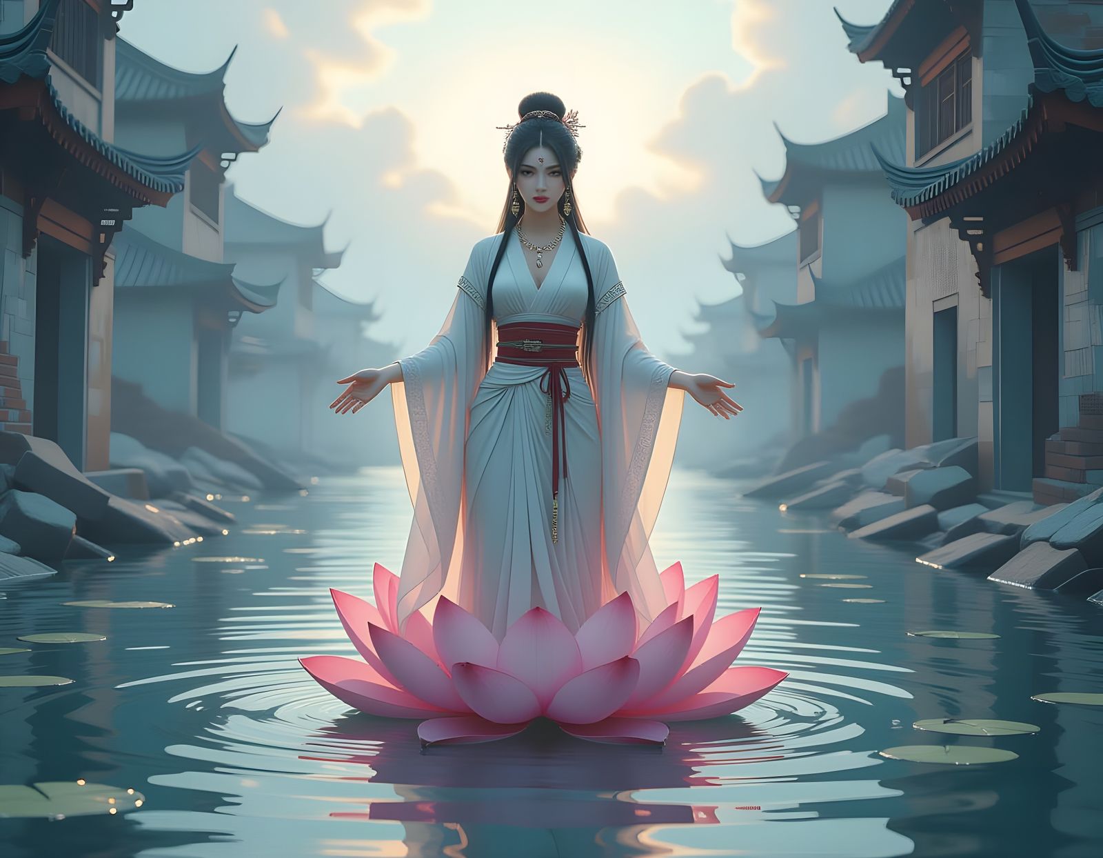 Rebirth Goddess Emerges from Lotus in Flooded City