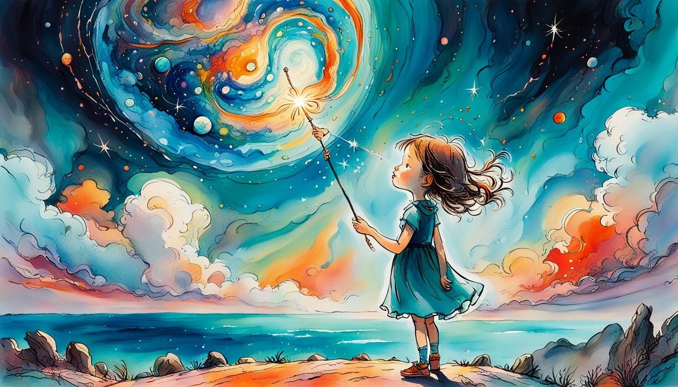 Girl with Magic Wand Above Earth, Whimsical Art