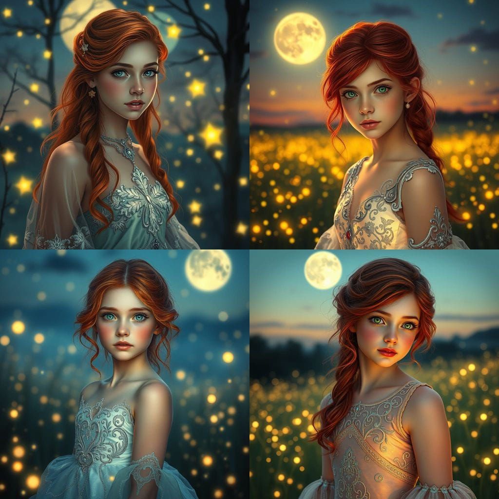 Ethereal Redhead in Firefly Field, Art Nouveau Style