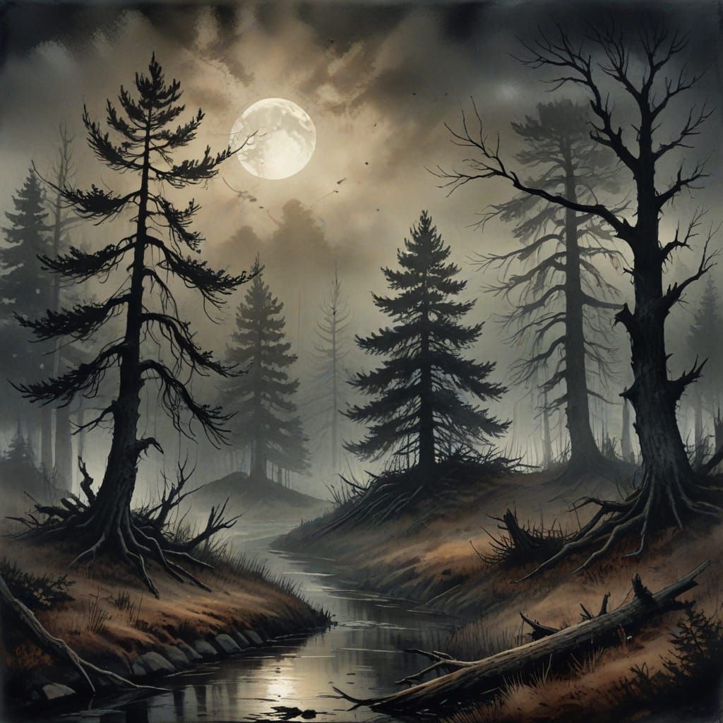 Dark Foggy Thicket in Muted Earth Tones