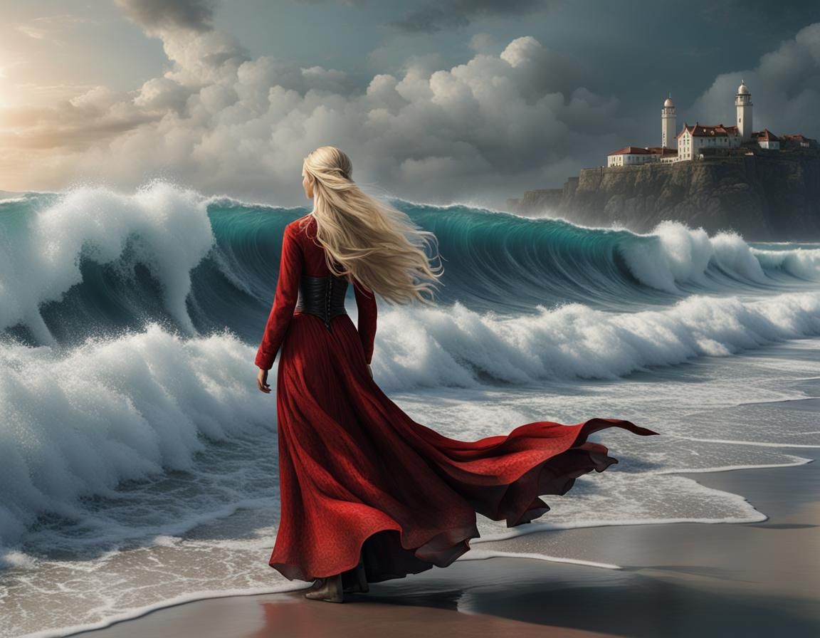Blonde Girl in Red Dress Kneeling by Ocean Waves