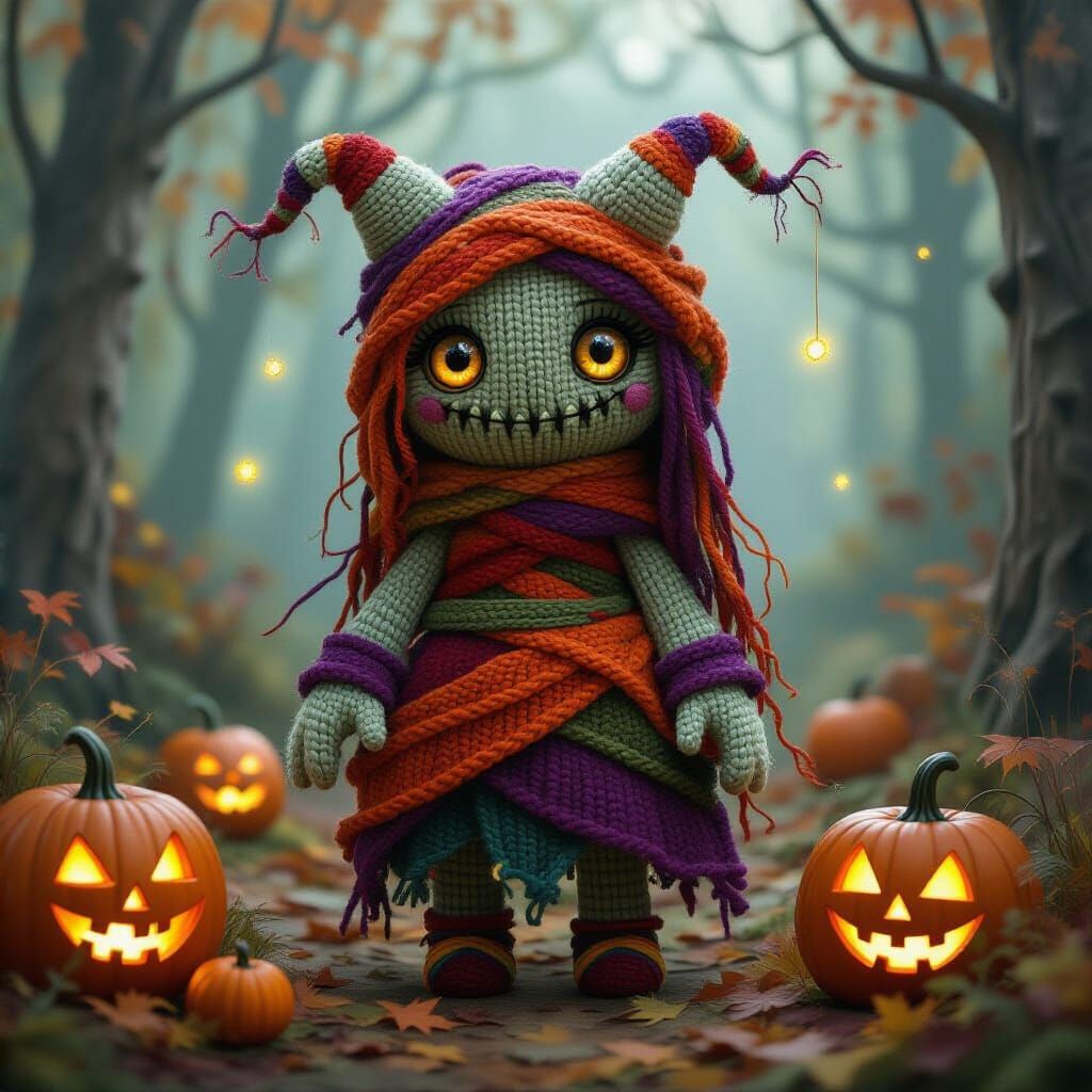 Halloween Yarn Monster in Spooky Forest