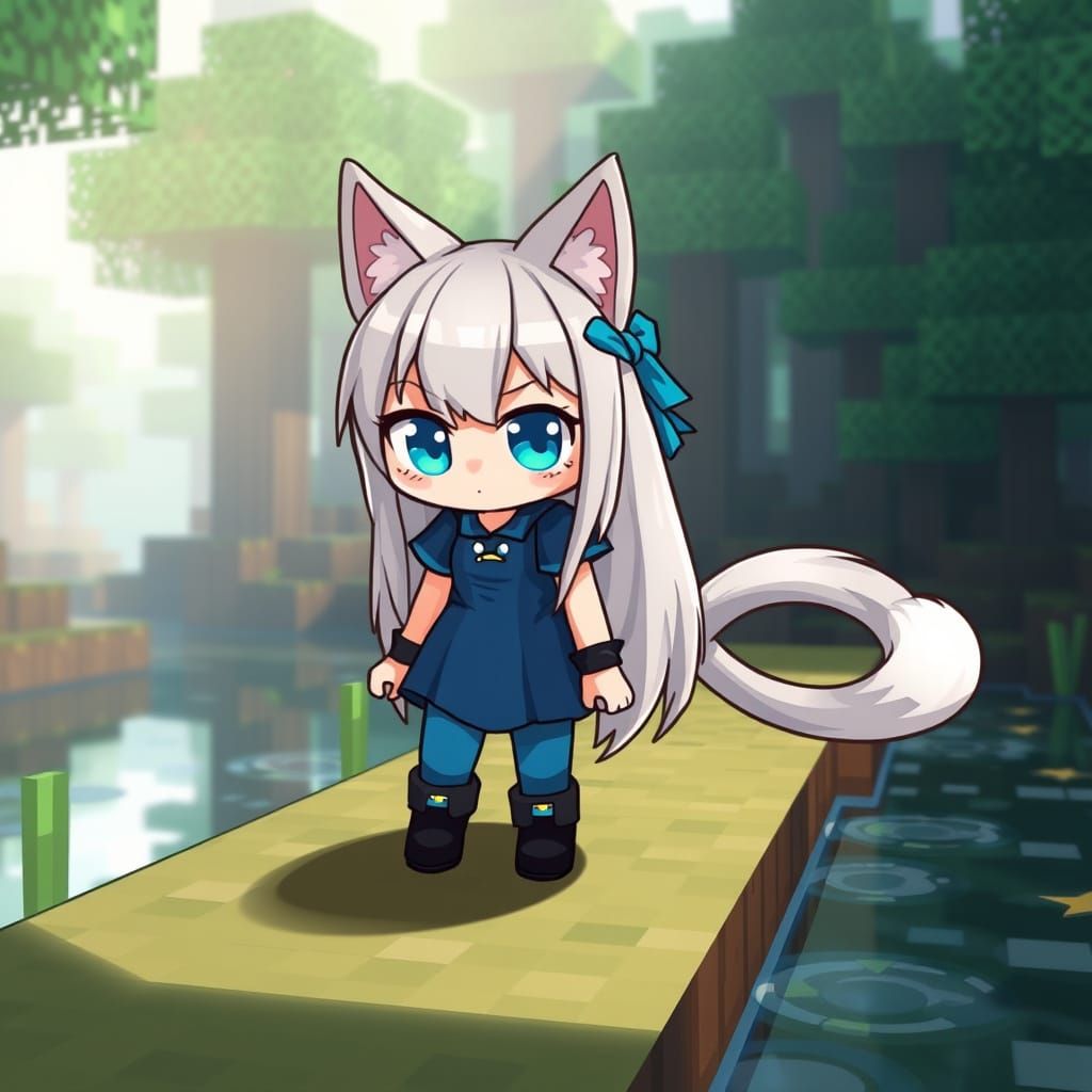 Cute Anime Catgirl Emerges in Minecraft Forest
