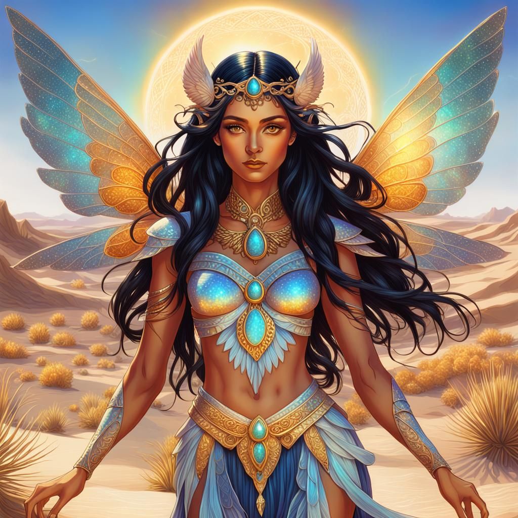 Winged Fae Maiden in Desert Oasis, Astral Illustration
