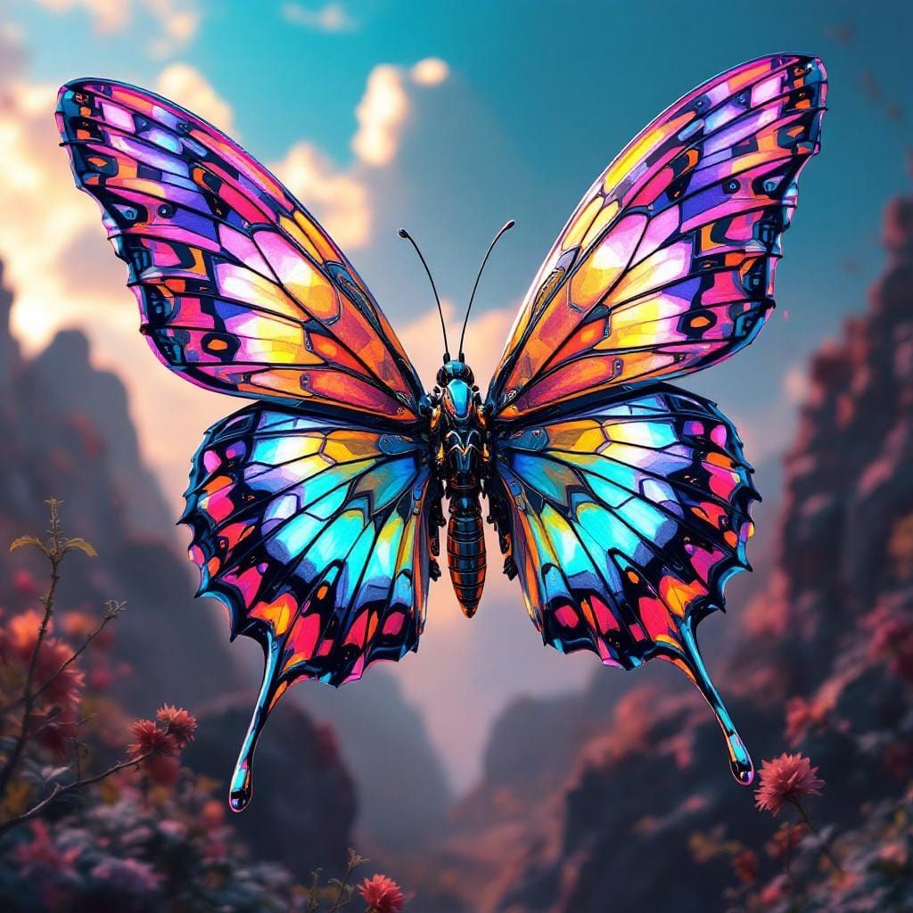 Robot Butterfly with Iridescent Wings in Concept Art Style