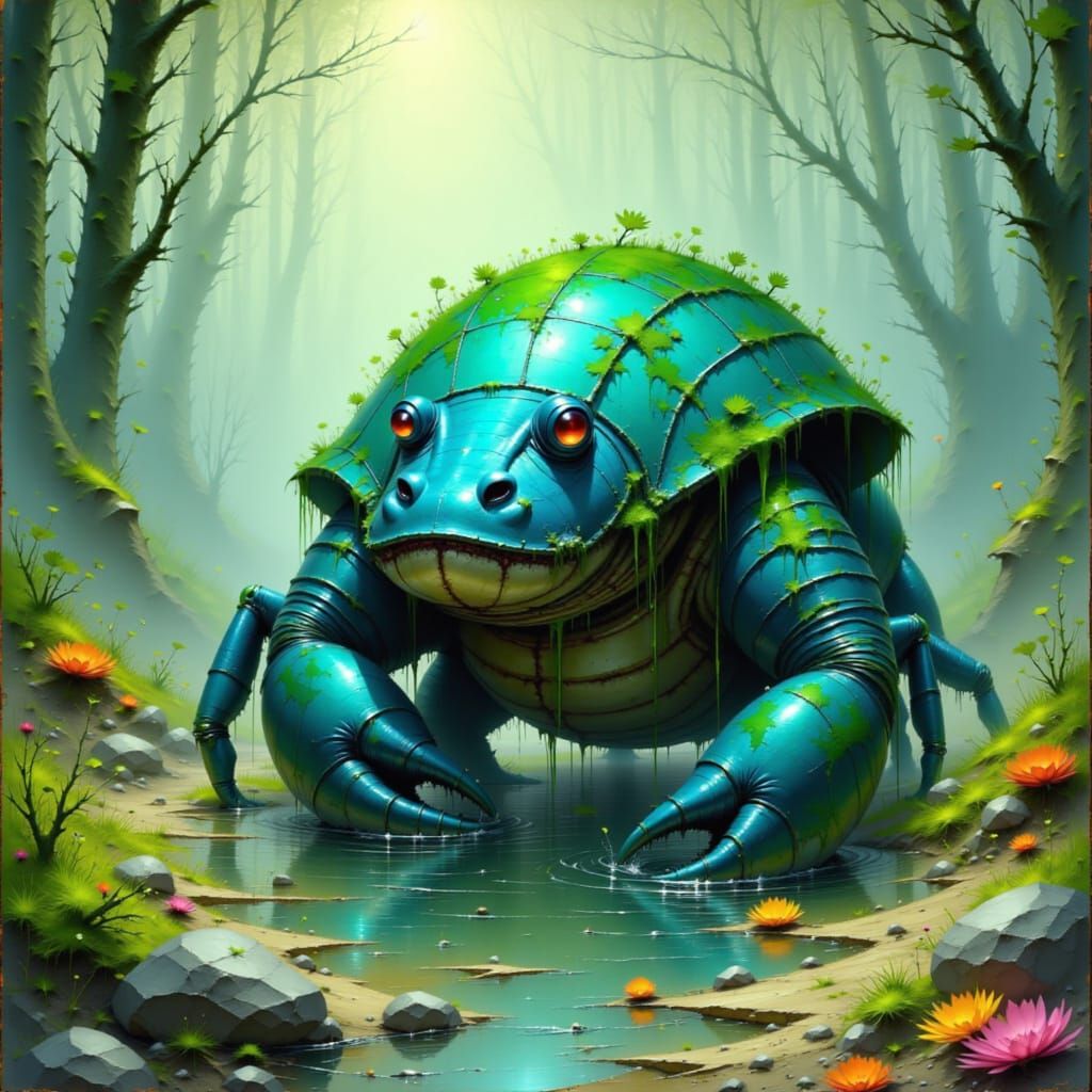 Crab-Hippo Hybrid in Mystical Swamp, Fantasy Art
